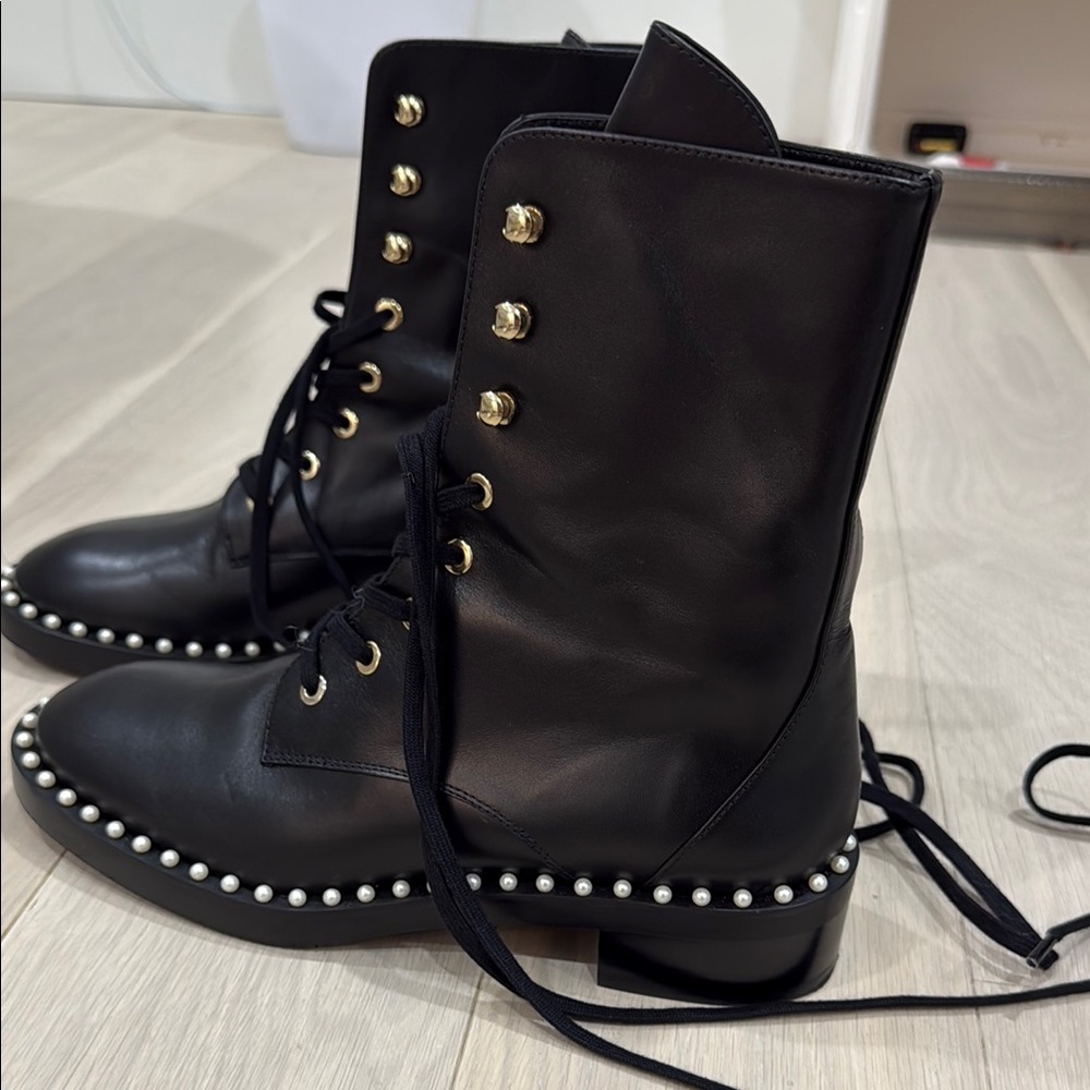 Stuart Weitzman Black Lace-Up Boots with Pearl Detailing